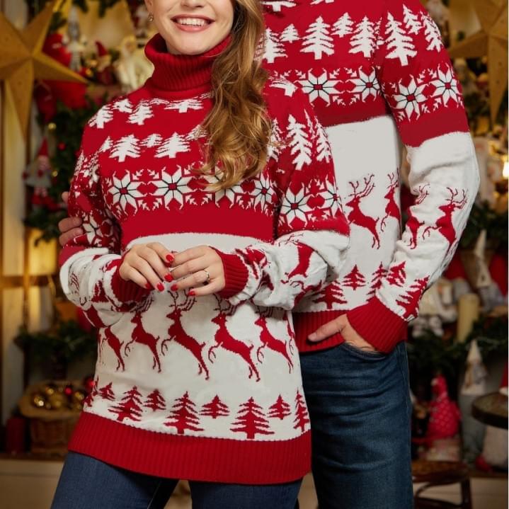 Snowflake Reindeer Print Matching Christmas Sweaters For Couples