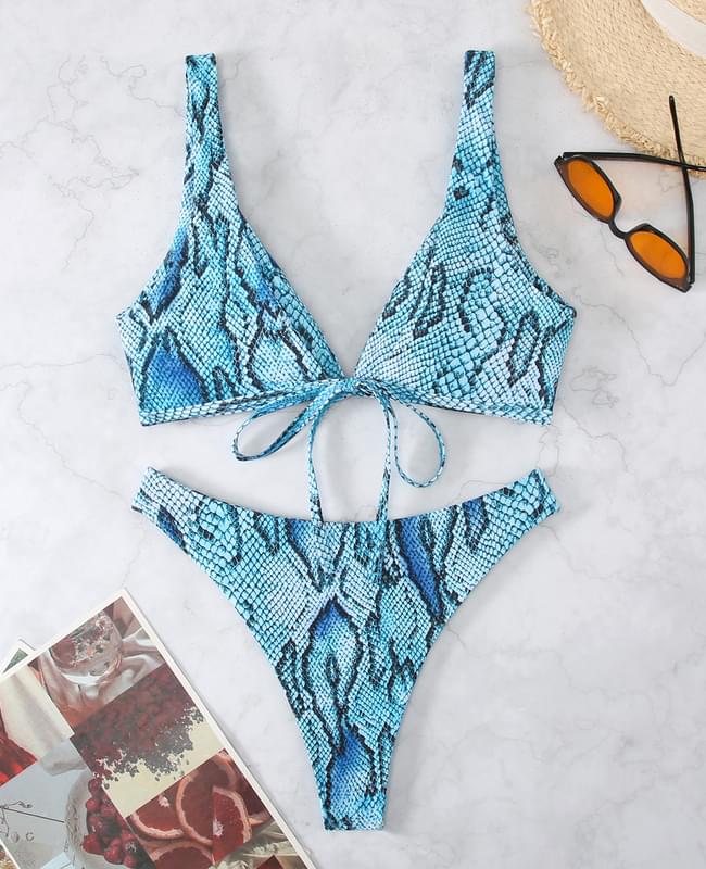 Ladies Blue Snake Skin Print High Leg Two Piece Bathing Suit