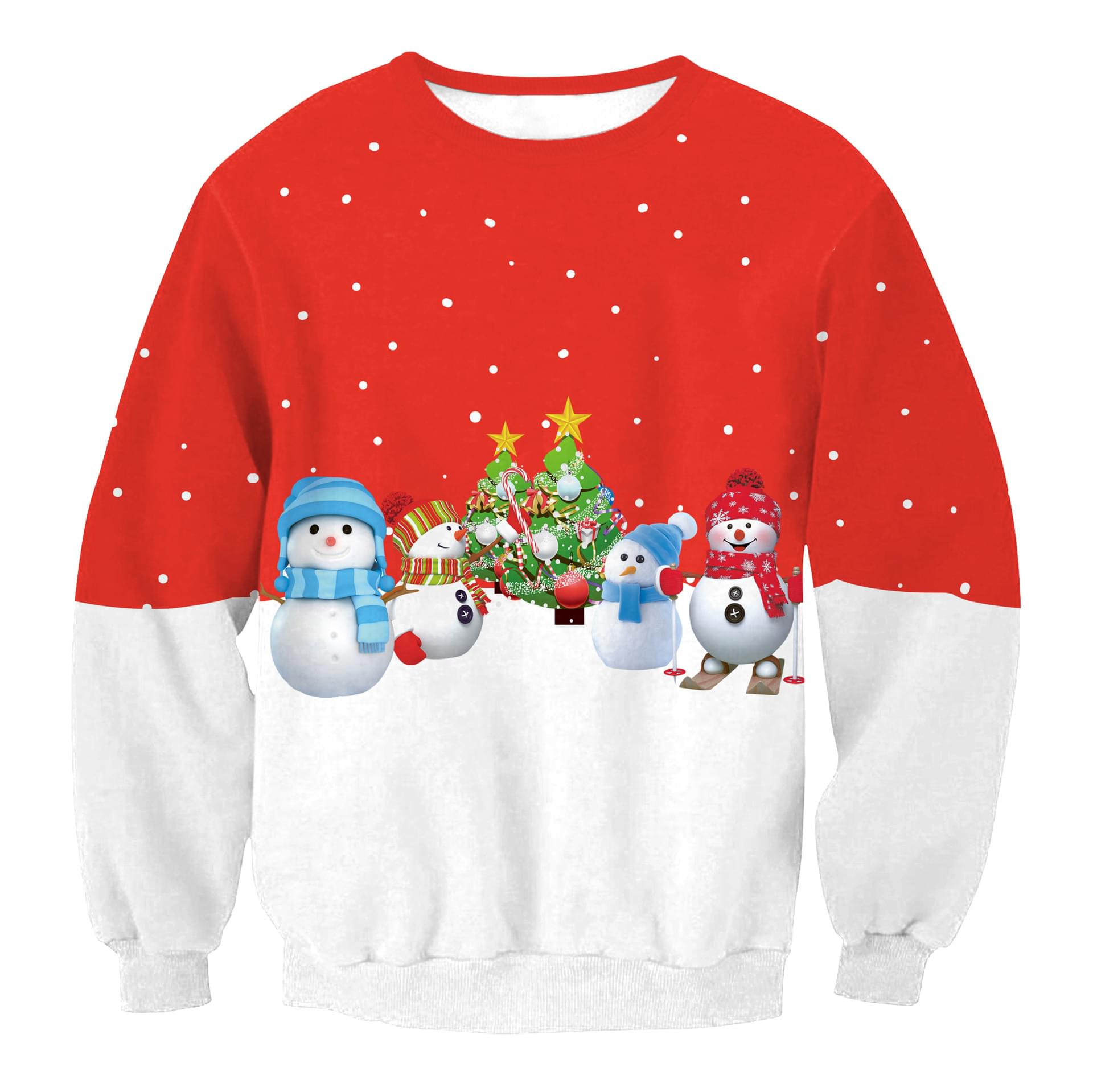 Unisex Snowman Print Ugly Couple Christmas Pullover Red