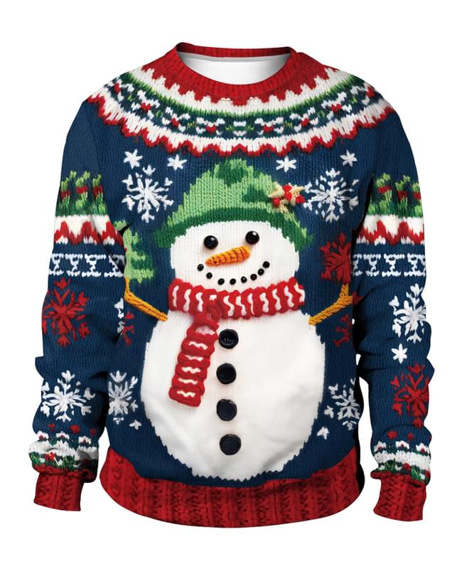 Unisex Snowman Print Ugly Couple Christmas Pullover Blue