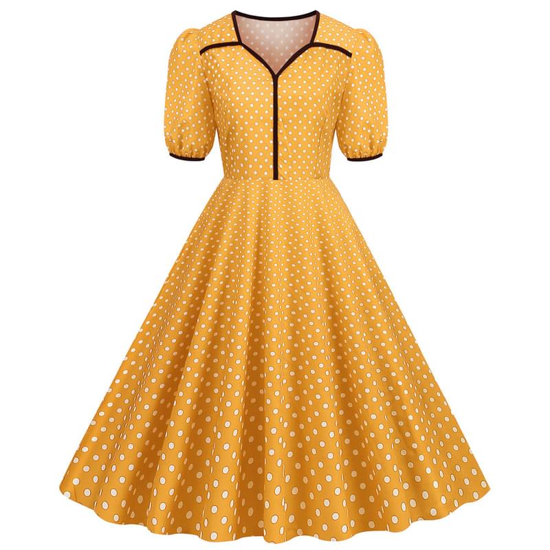 Women Short Sleeve Polka Dot Flare Vintage Dress Yellow