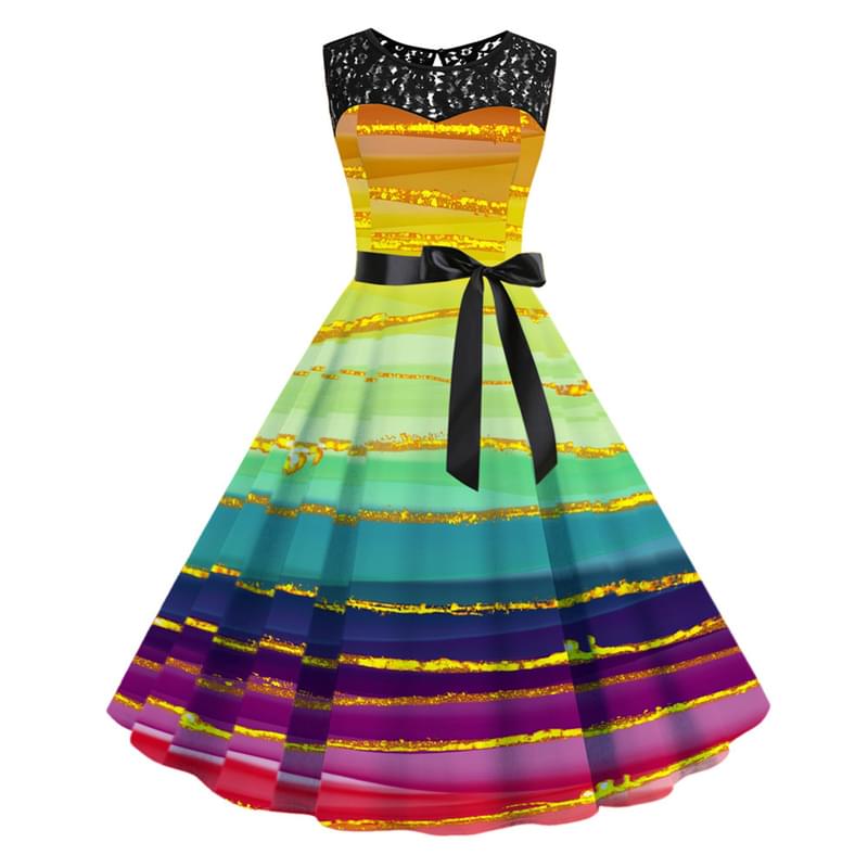 Women Sleeveless Rainbow Tie Waist Flare Vintage Dress Yellow