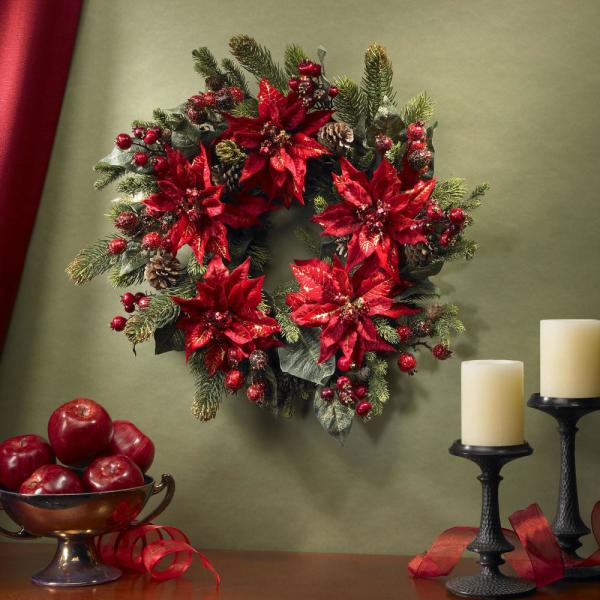 24 in. Artificial Wreath with Poinsettias and Berries Macy's Clearance