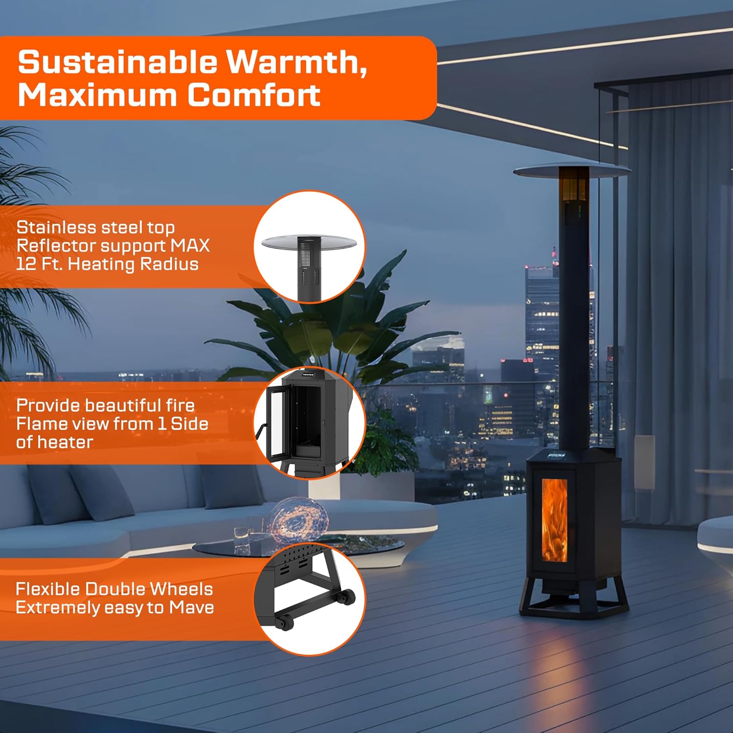 70,000 BTU Wood Pellet Outdoor Patio Heater with Glass Viewing Window – Pellet Heaters for Outdoor Use, Home, Gardens & Commercial - Portable with Wheels – Black