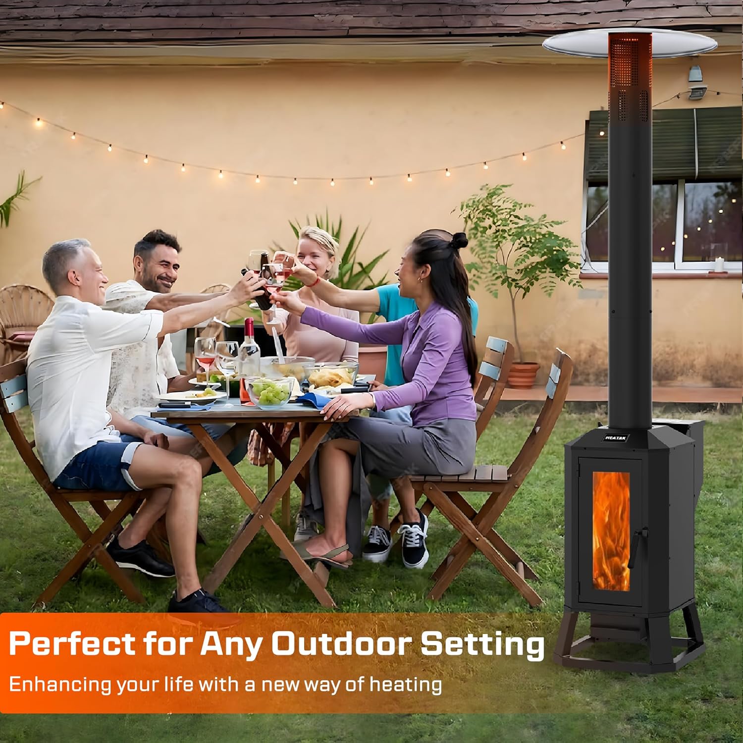 70,000 BTU Wood Pellet Outdoor Patio Heater with Glass Viewing Window – Pellet Heaters for Outdoor Use, Home, Gardens & Commercial - Portable with Wheels – Black
