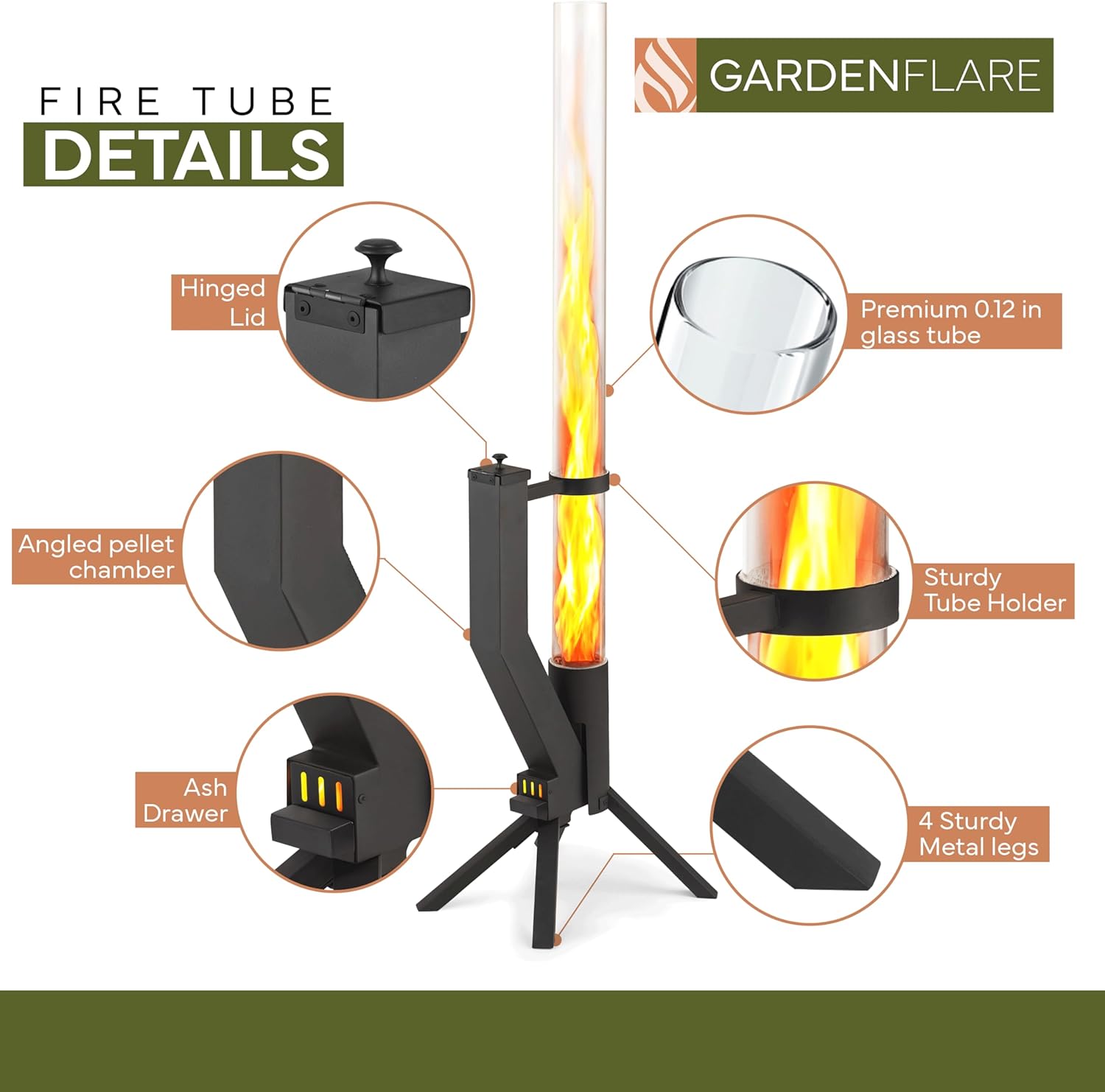 GARDENFLARE Smokeless Fire Pit - Outdoor Wood Pellet Fire Tube Stainless Steel firepit for Ambience Fire on Your Backyard, Patio, Porch & Garden (Matte Black, Classic)