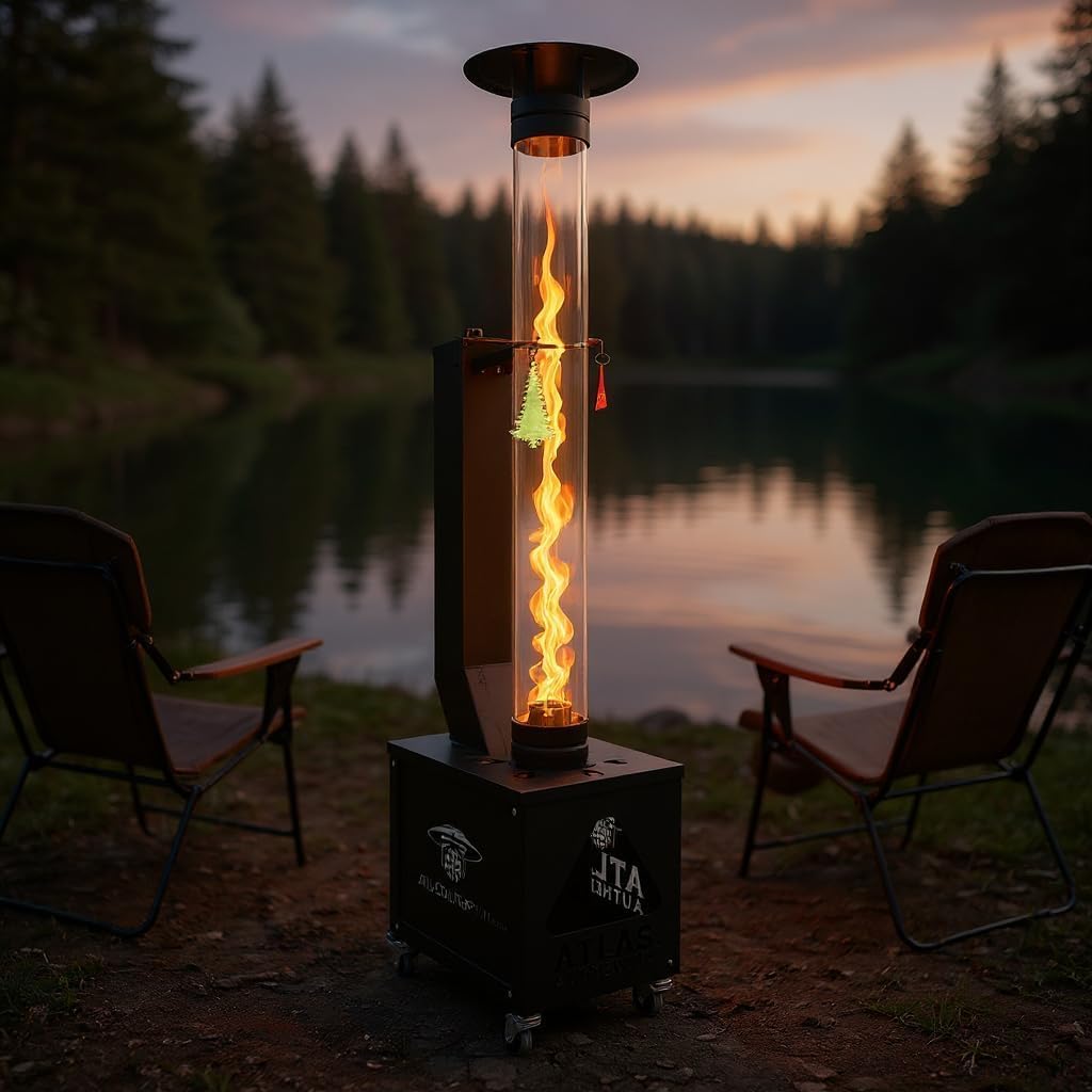 Atlas Authentic Wood Pellet Patio Heater – Smokeless Flame, Portable with Wheels, Easy Cleanout – Durable, Modern Look for Home, Garden & Camping