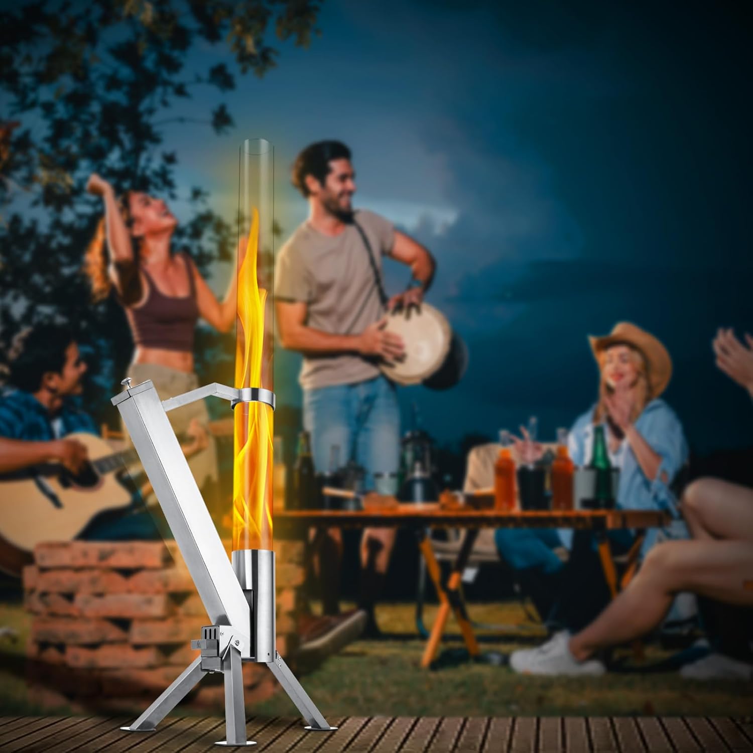 StarEcho Wood Pellet Patio Heater for Outdoor,Portable Patio Pellet Fire Rocket,Glass Tube for Yard,Wood Fire Pit with Party (Black)