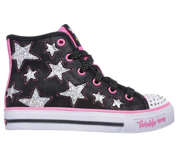 Skechers Girls Twinkle Toes: Shuffles - Rockin Stars Black/Neon Pink