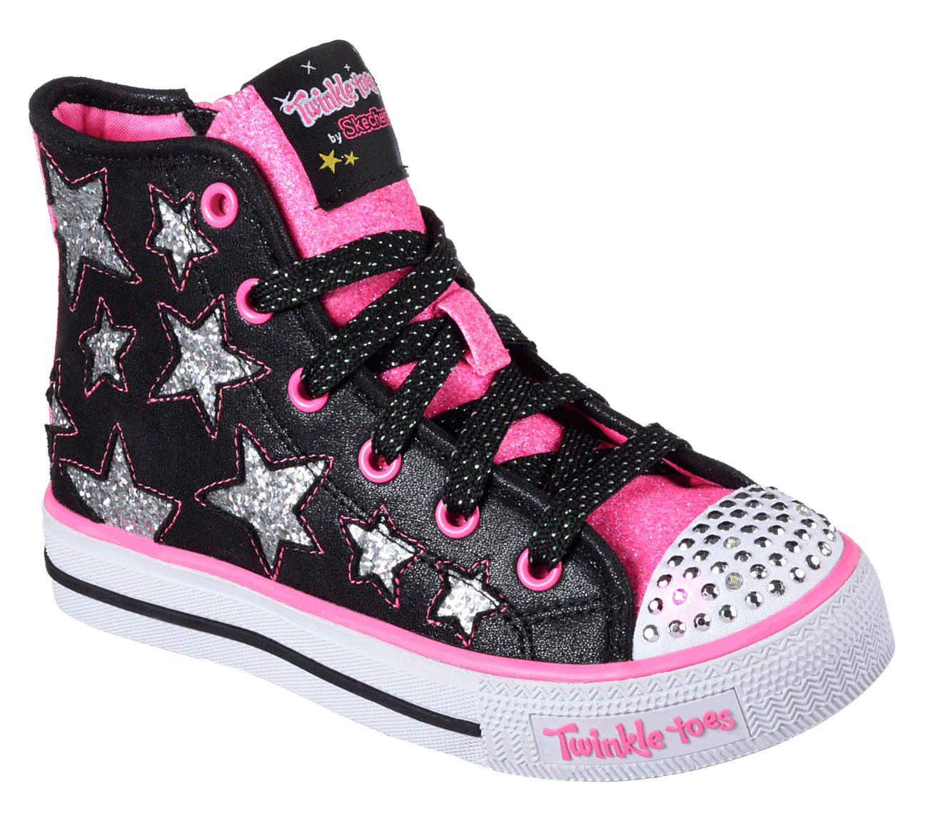 Skechers Girls Twinkle Toes: Shuffles - Rockin Stars Black/Neon Pink