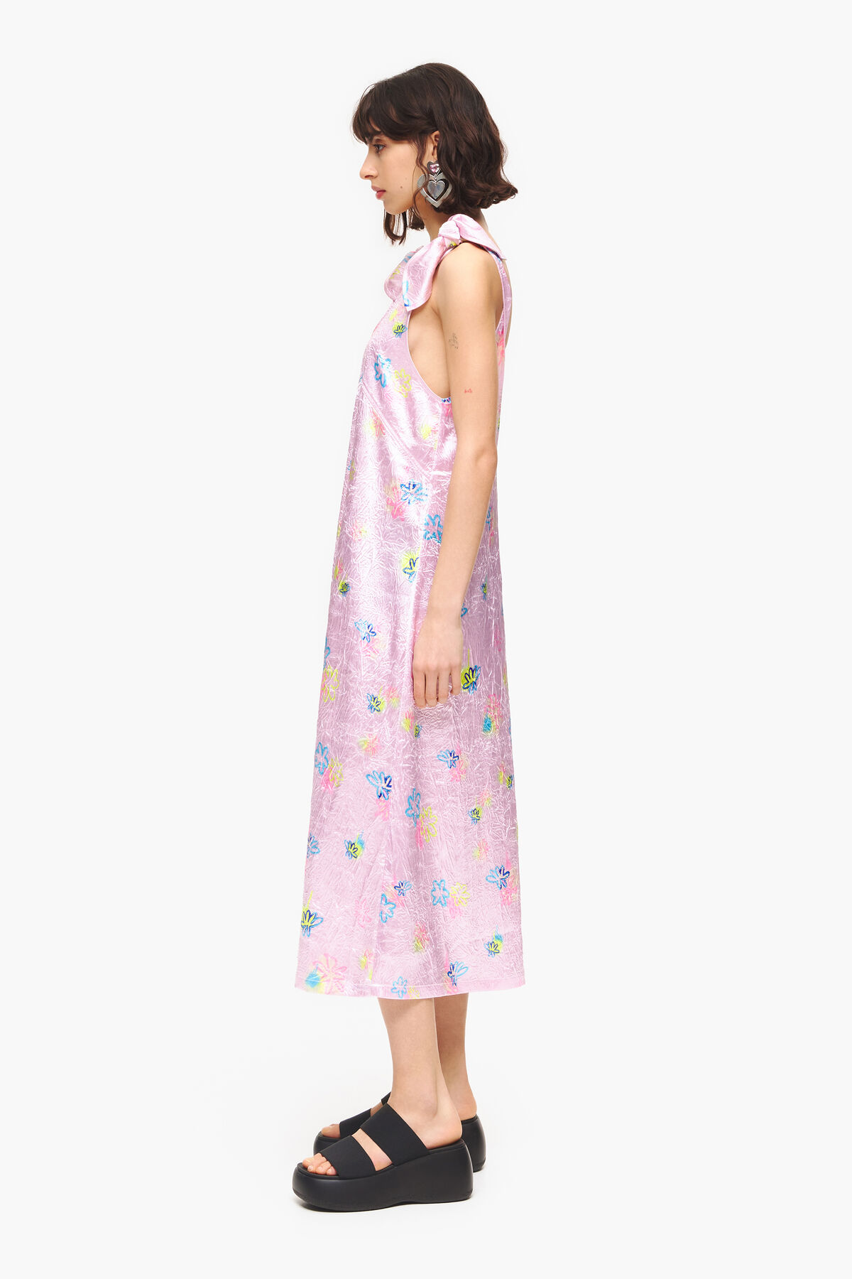 Vestido evasé midi print Spray Flowers rosa claro