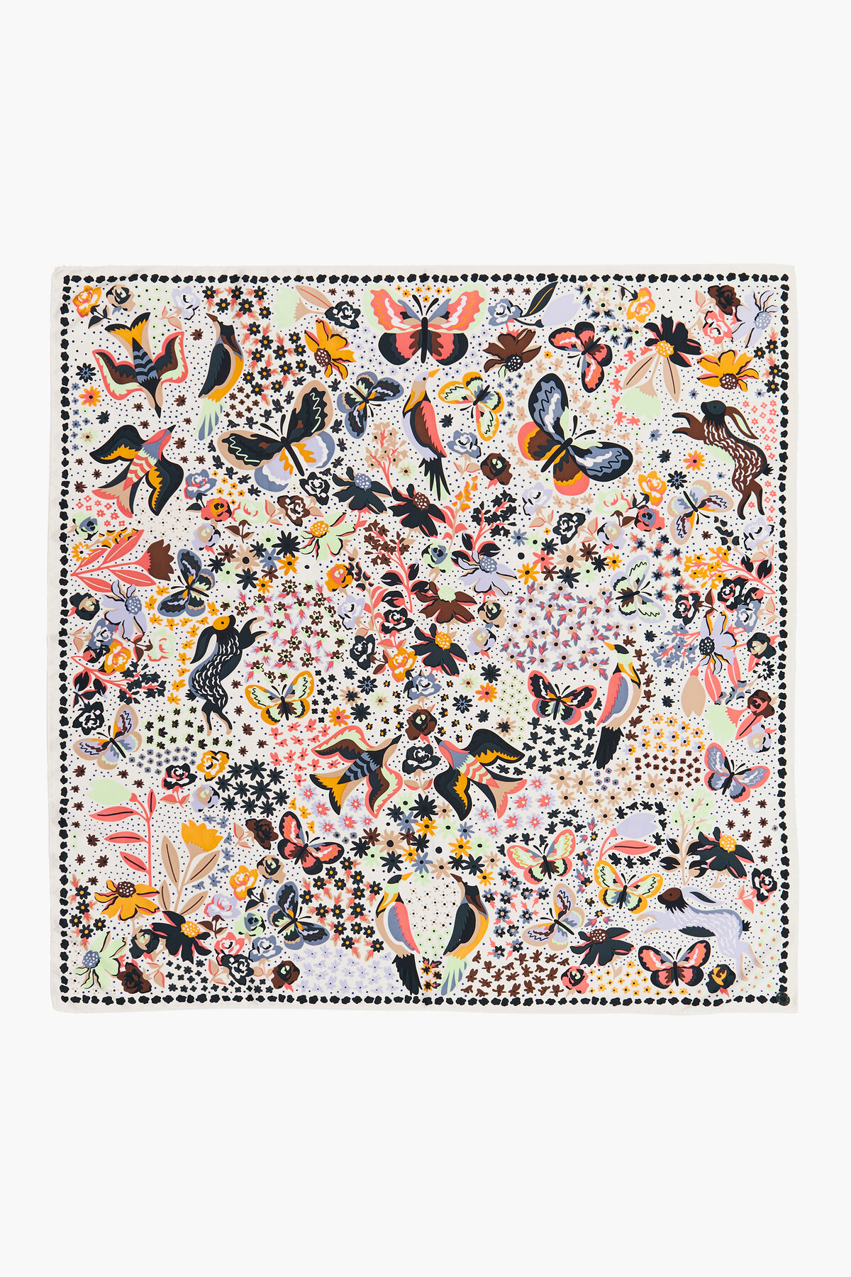 Pañuelo flores pájaros mariposas blanco