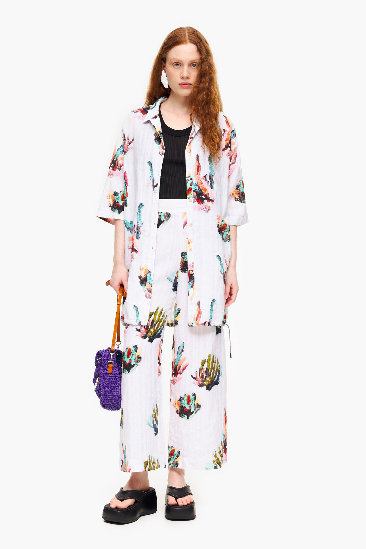 Pantalón lino print Coral marfil