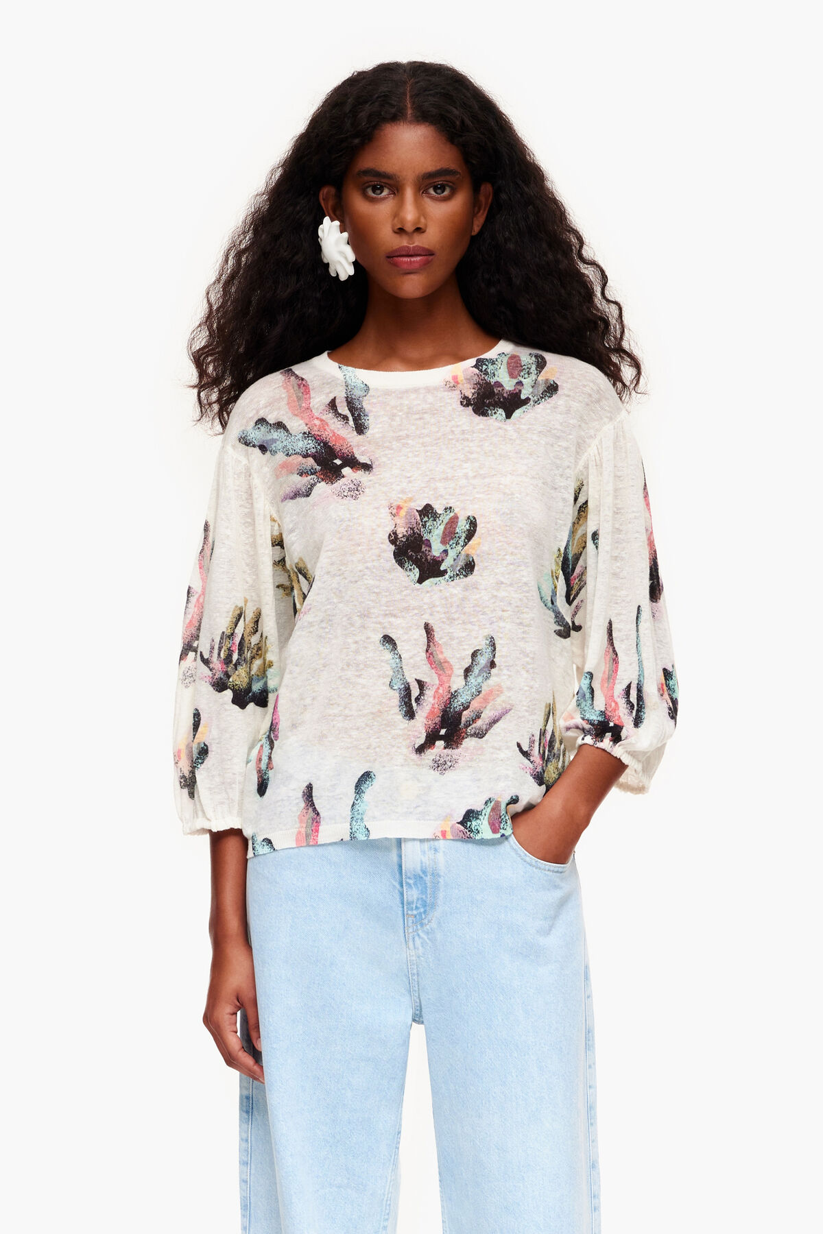 Jersey lino print Coral marfil