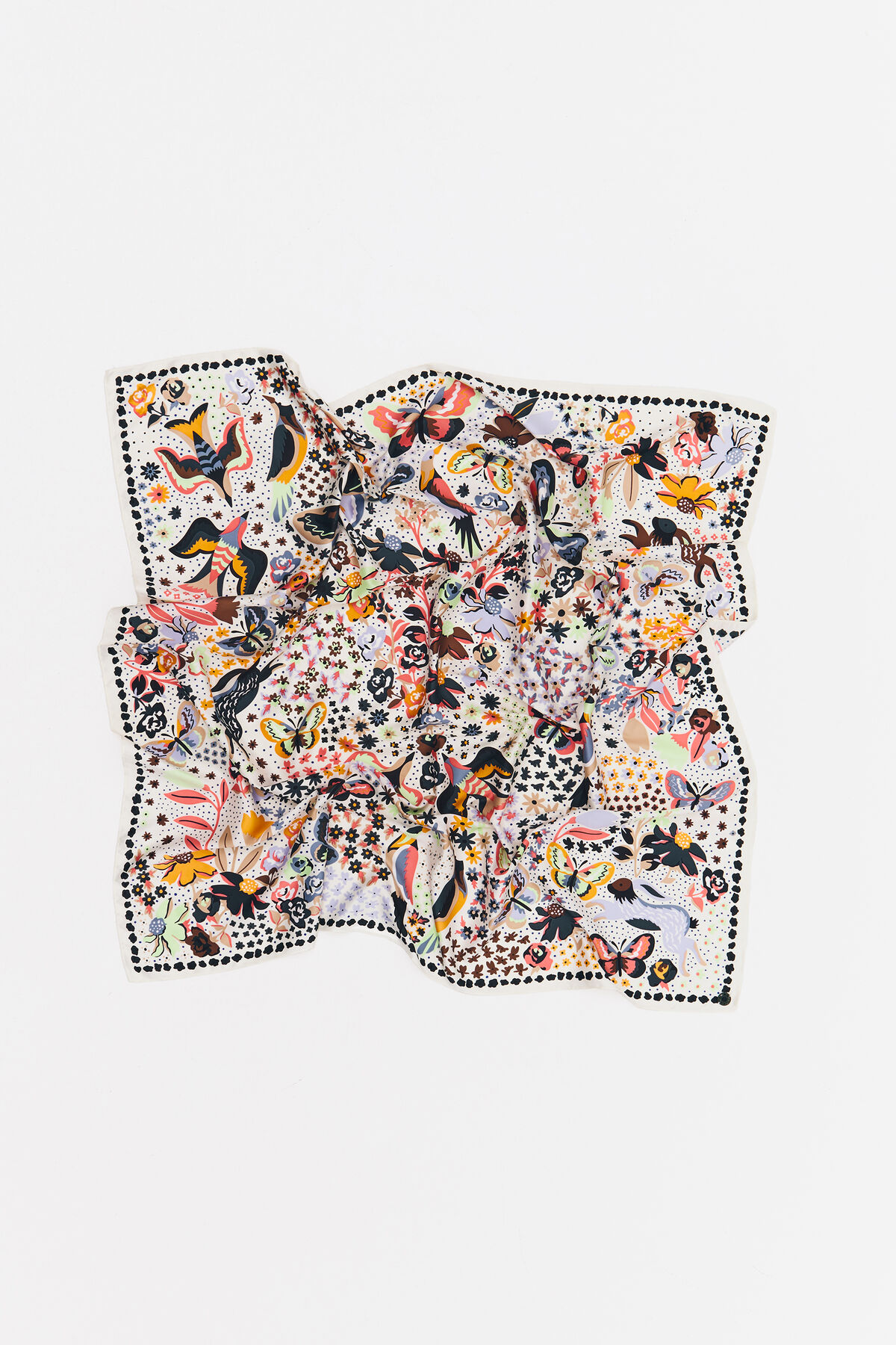 Pañuelo flores pájaros mariposas blanco