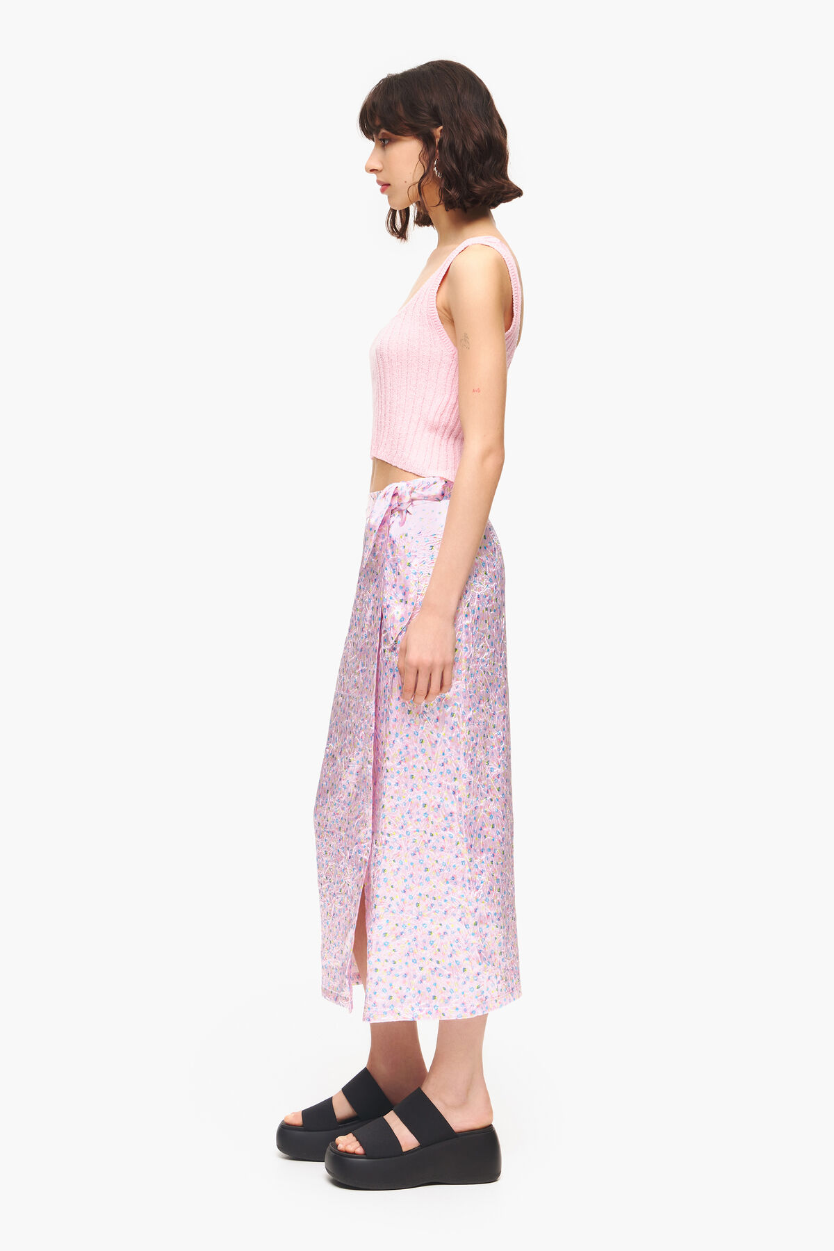 Falda pareo midi print Spray flowers mini rosa