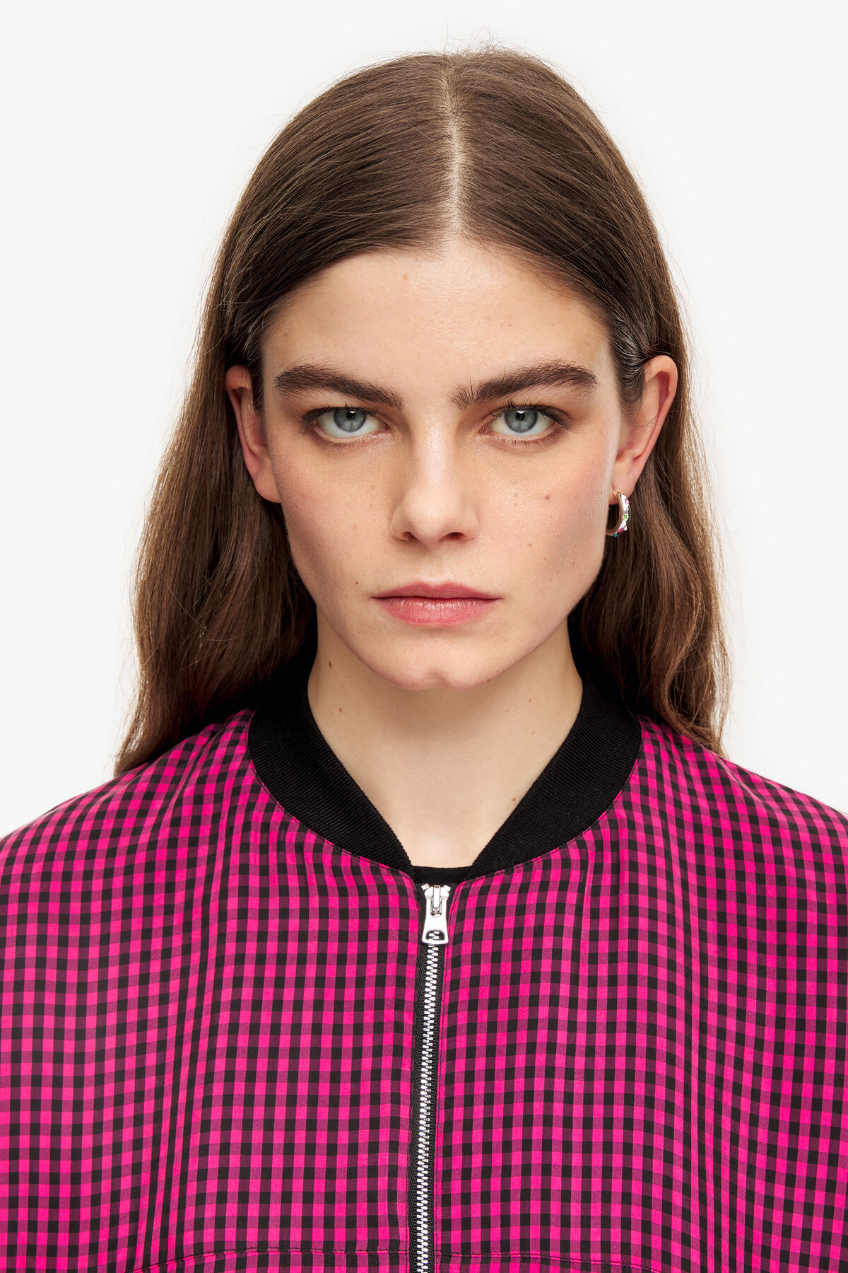 Cazadora bomber cupro vichy fucsia