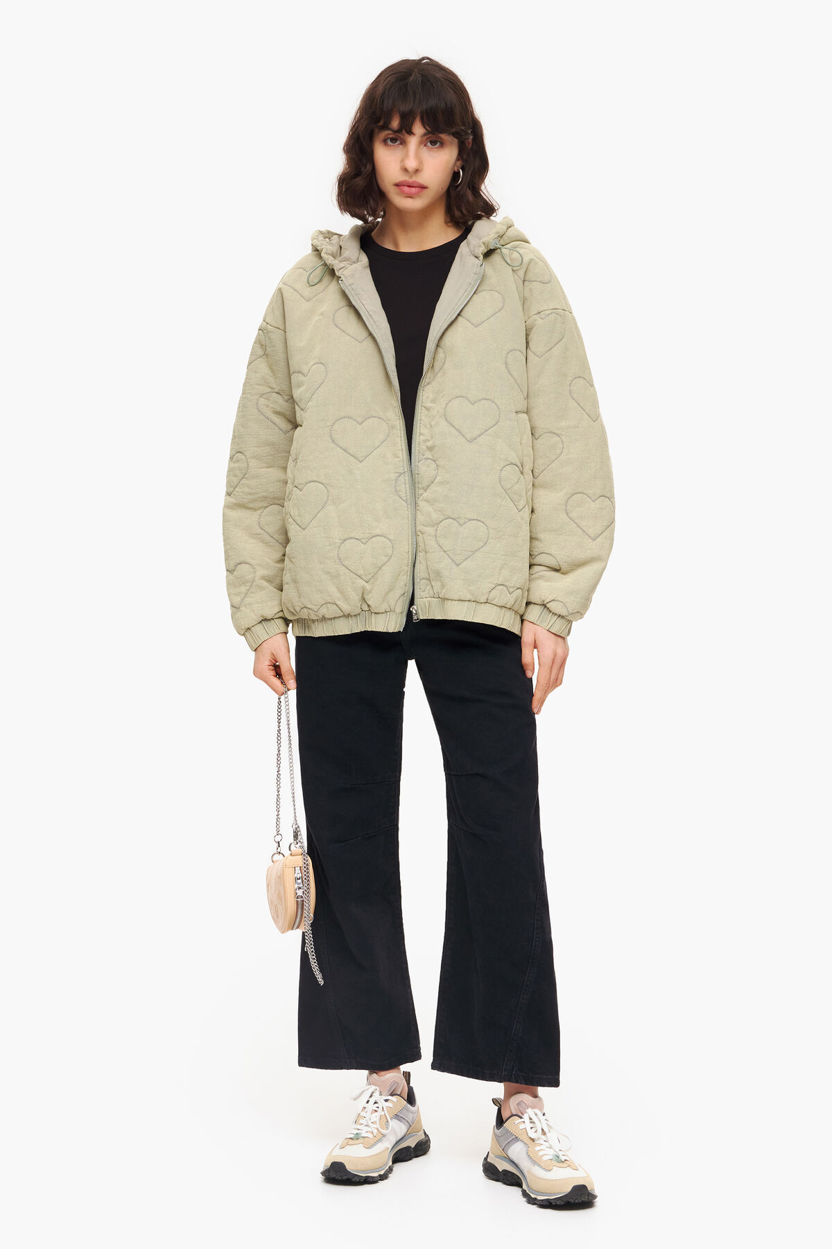 Cazadora acolchada corazones verde lavado