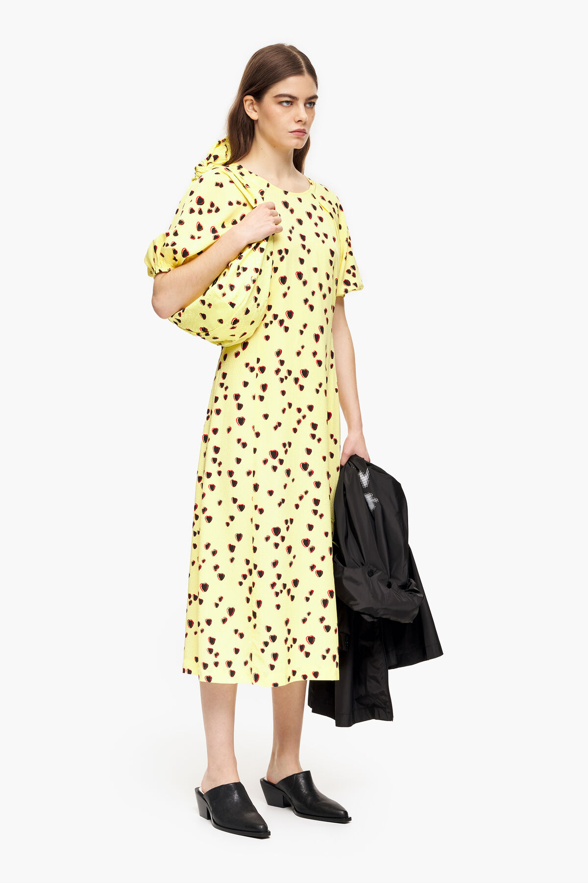 Vestido evasé midi print Small Hearts amarillo