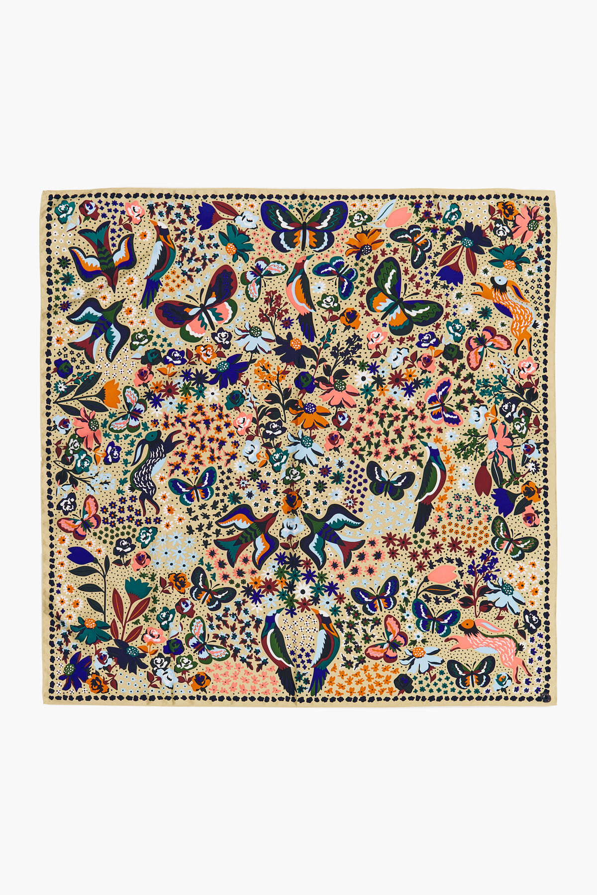 Pañuelo flores pájaros mariposas champán