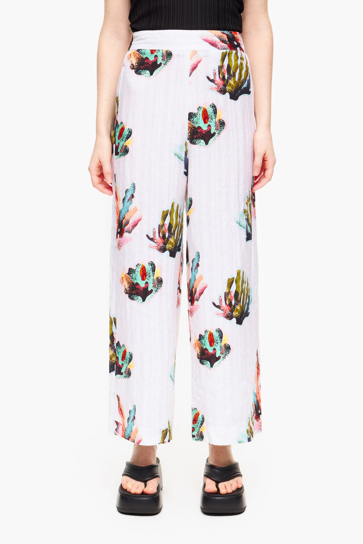 Pantalón lino print Coral marfil