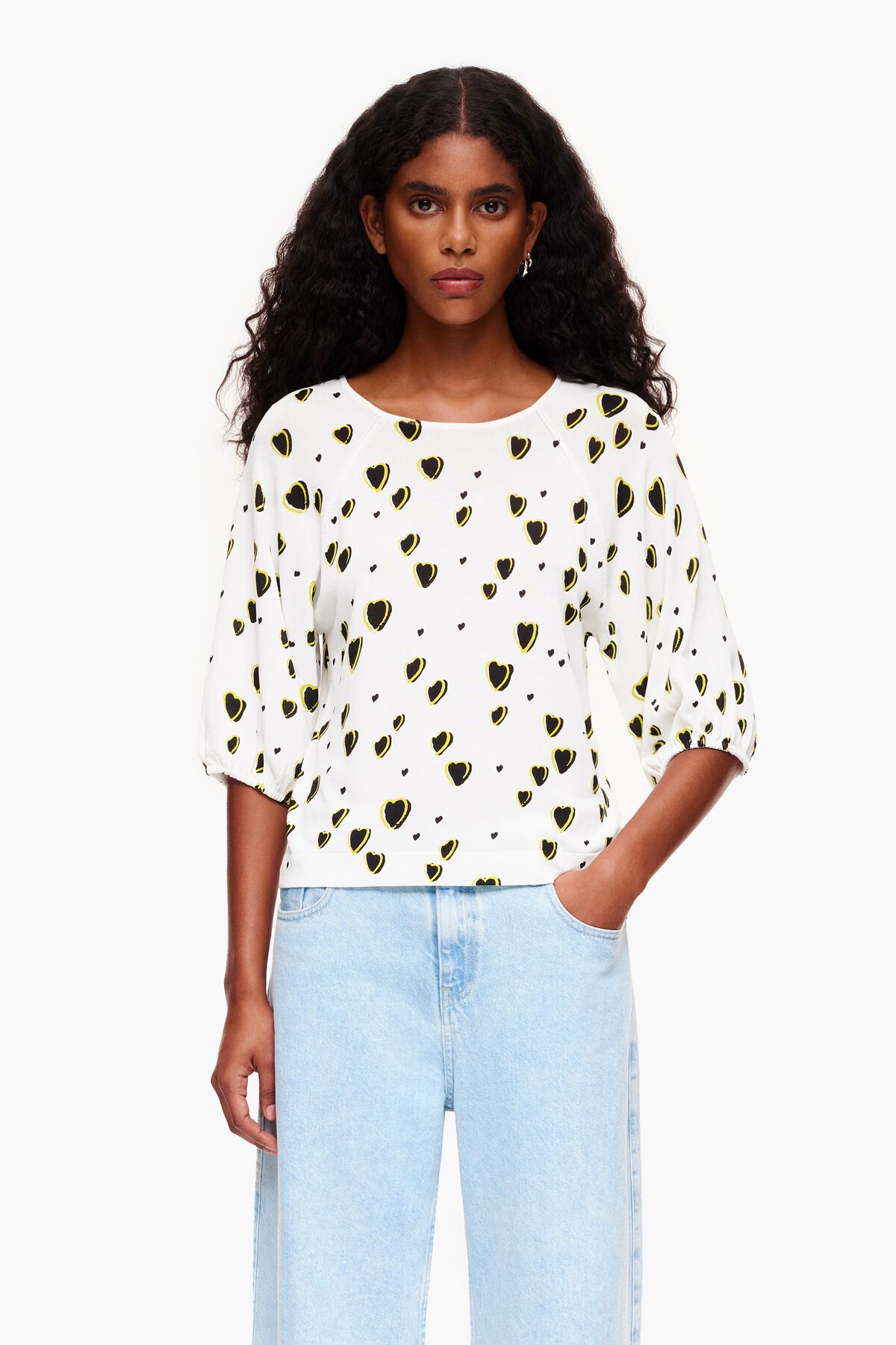 Jersey lino print Small Hearts marfil