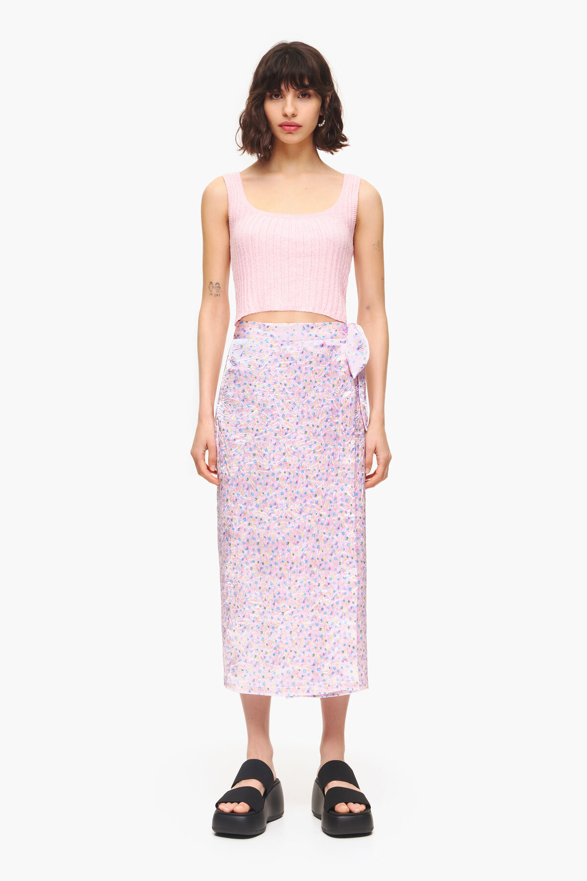 Falda pareo midi print Spray flowers mini rosa