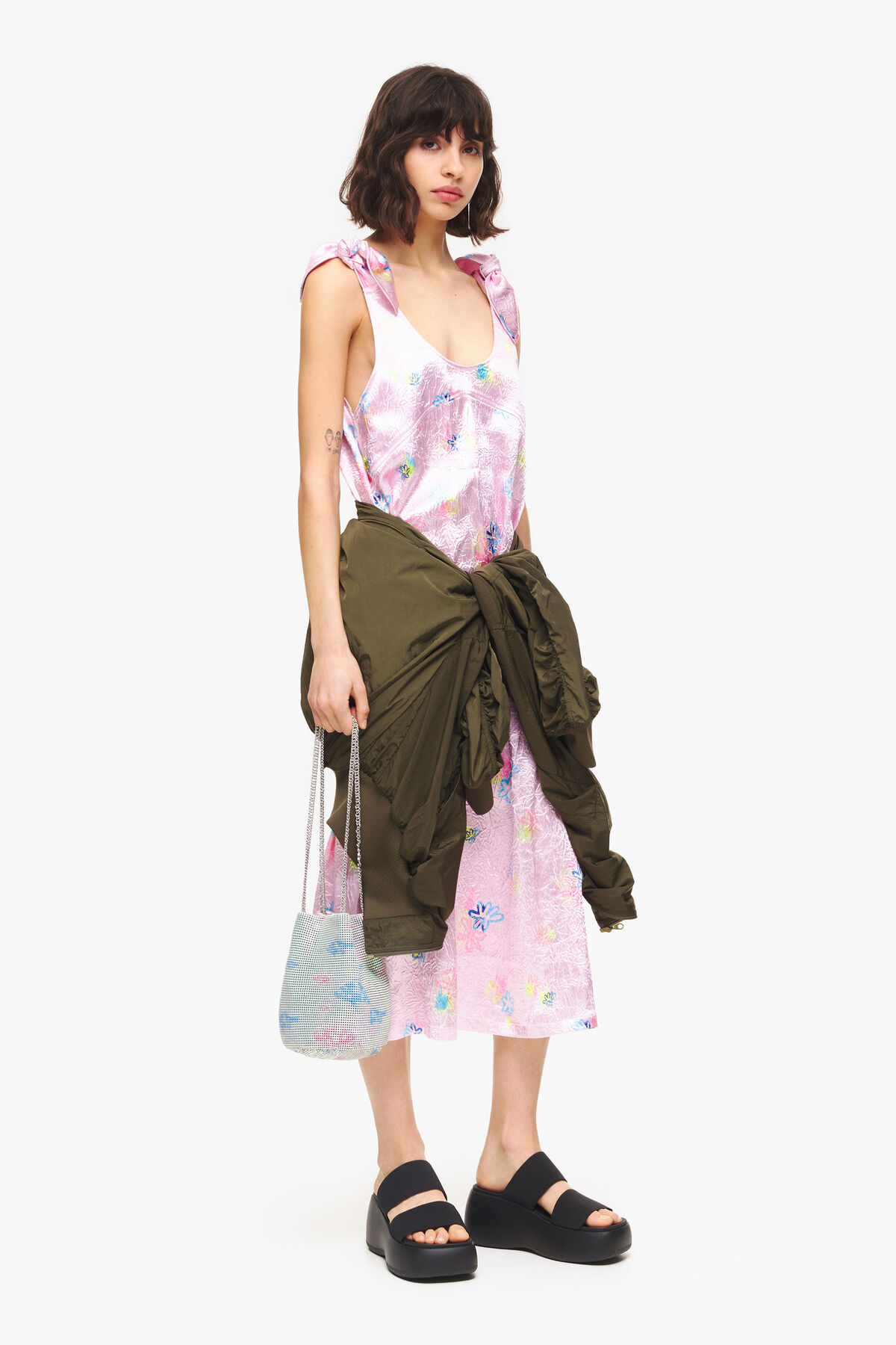 Vestido evasé midi print Spray Flowers rosa claro