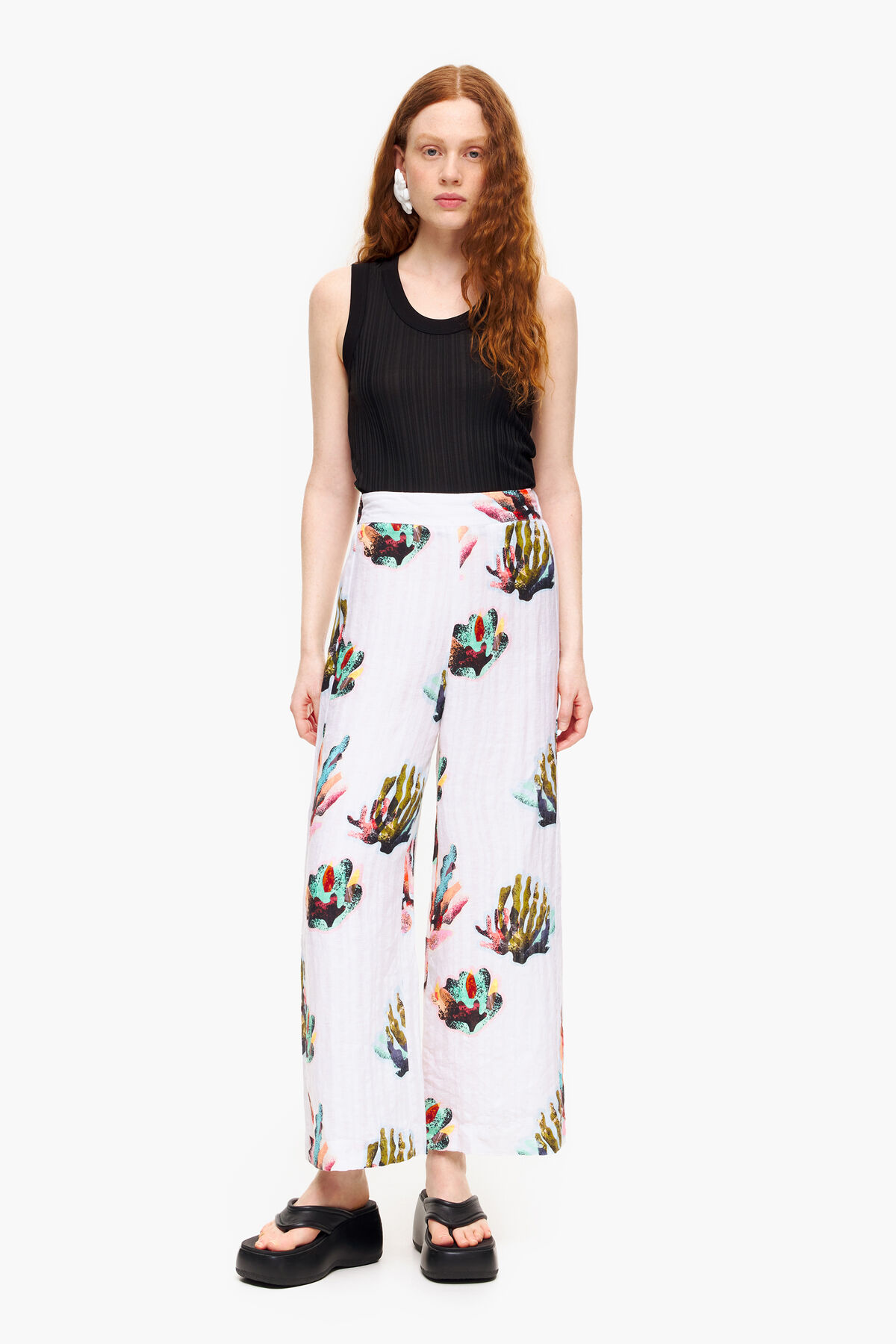 Pantalón lino print Coral marfil