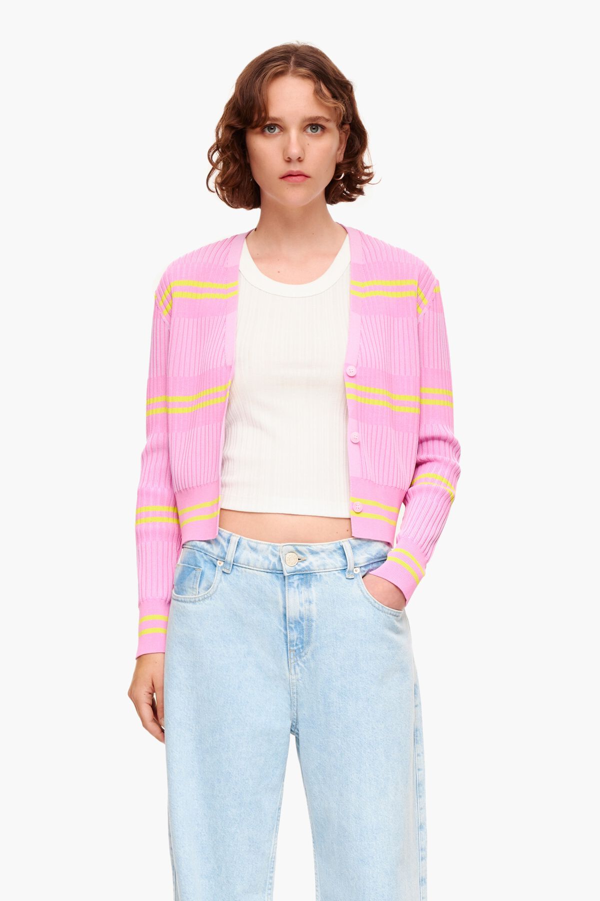 Cárdigan canalé rosa