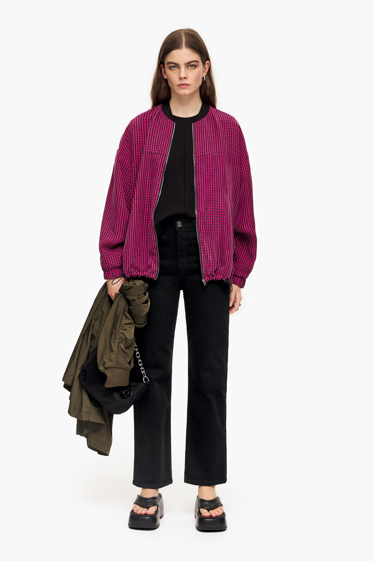 Cazadora bomber cupro vichy fucsia