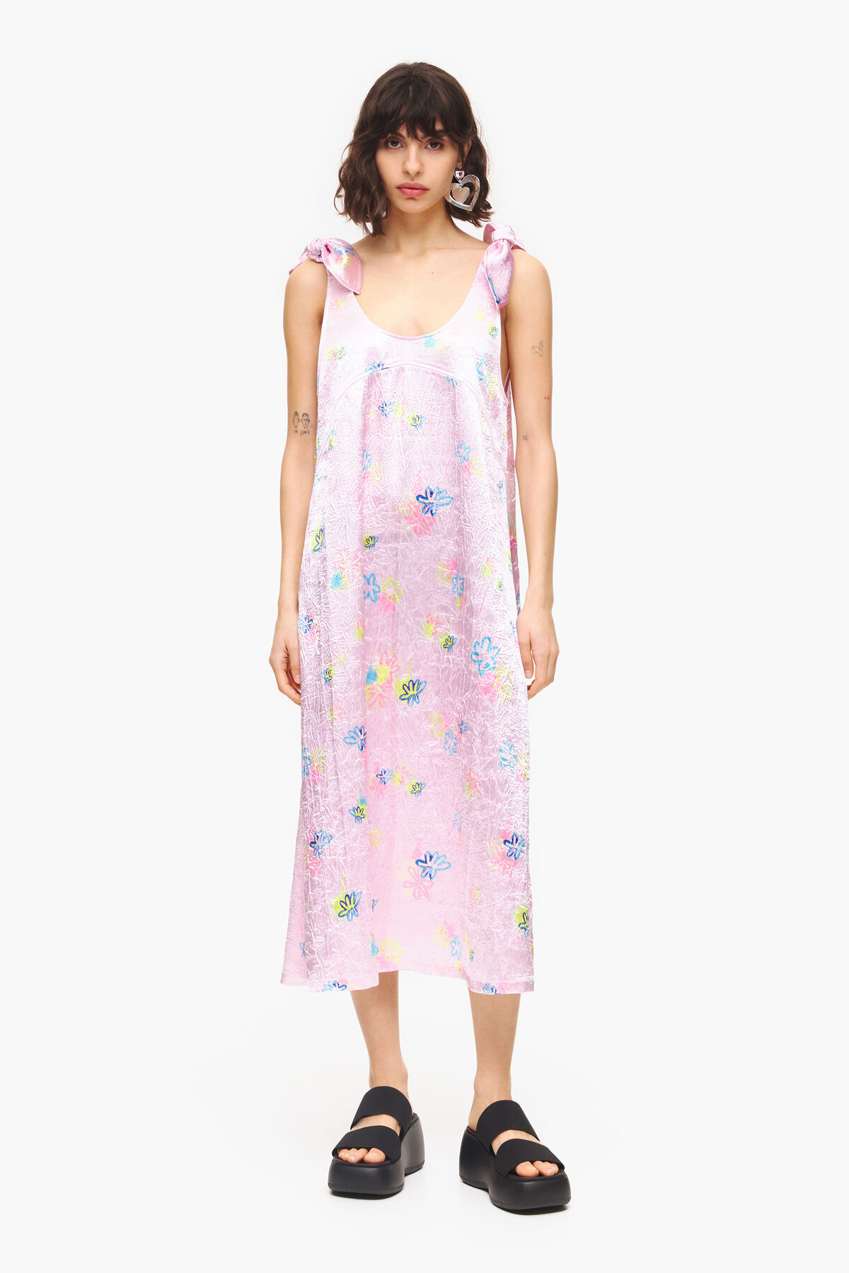 Vestido evasé midi print Spray Flowers rosa claro