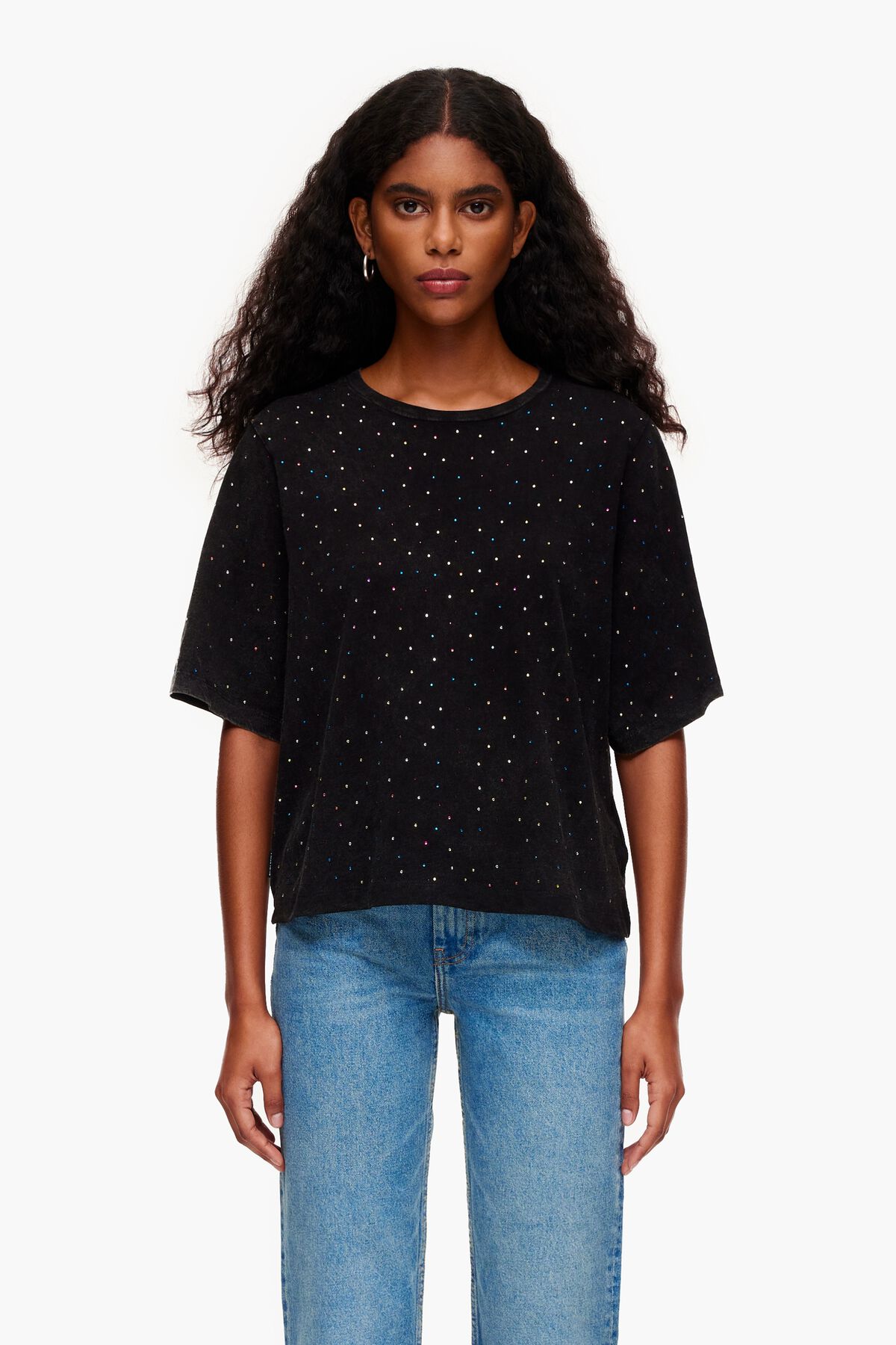 Camiseta boxy piedras multicolores negra