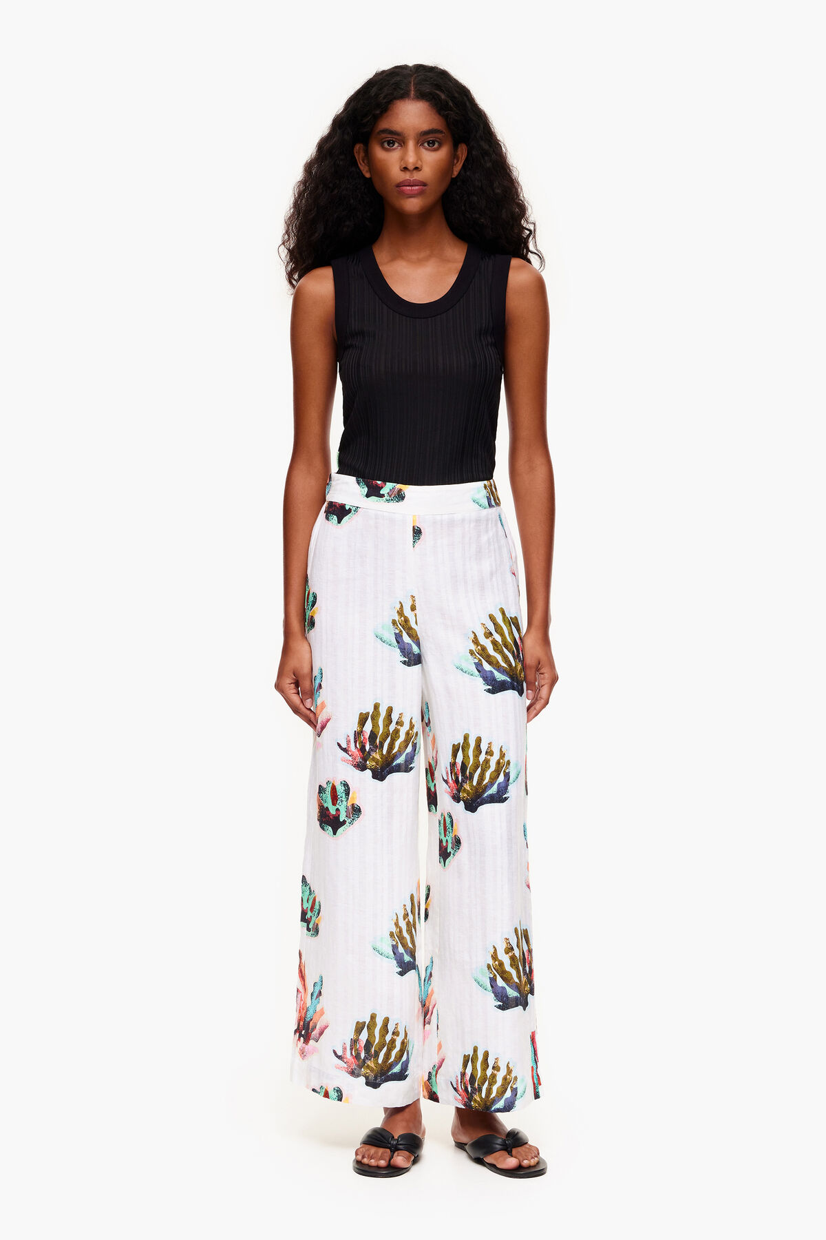 Pantalón lino print Coral marfil