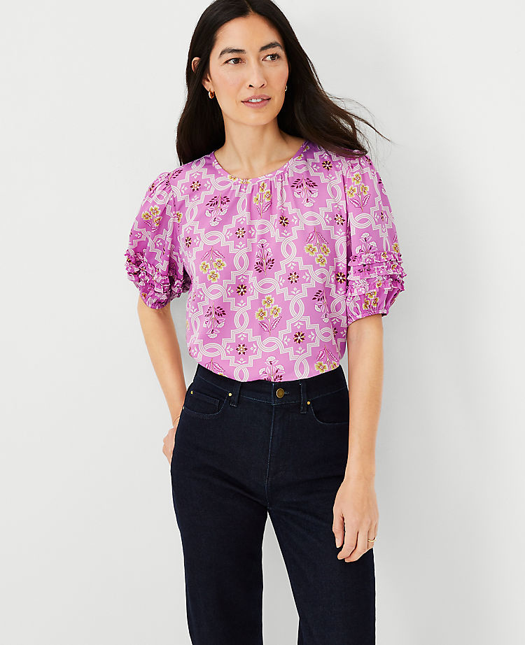 Tile Print Mini Ruffle Sleeve Top
