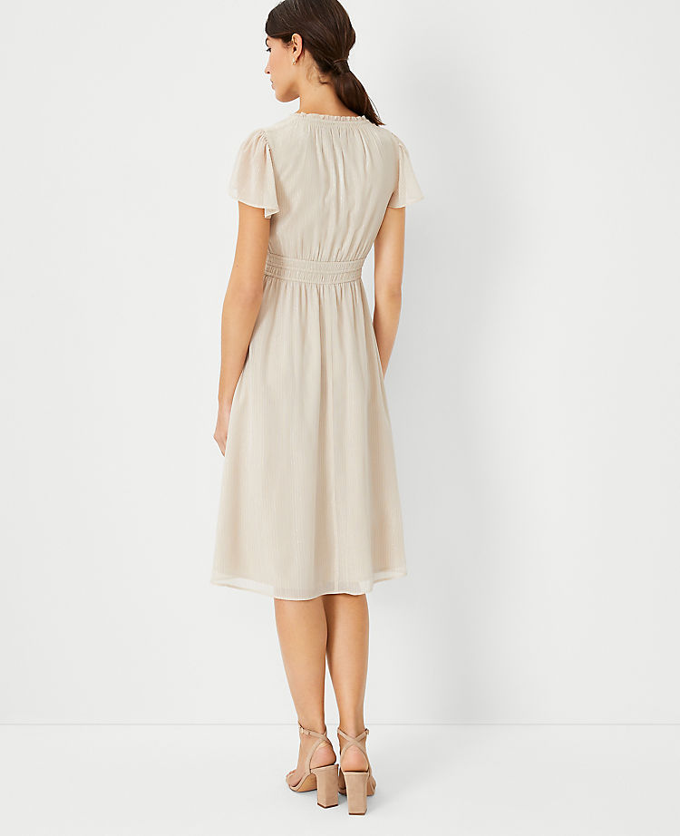 Metallic Stripe Flutter Sleeve Flare Dress
