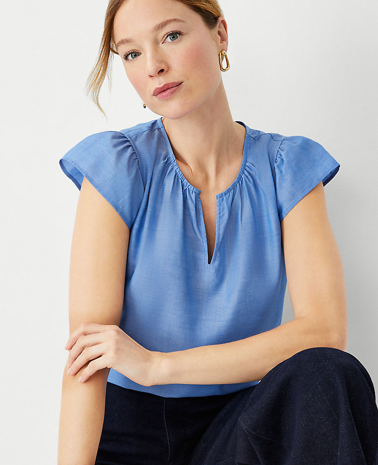 Chambray Split Neck Ruffle Sleeve Top