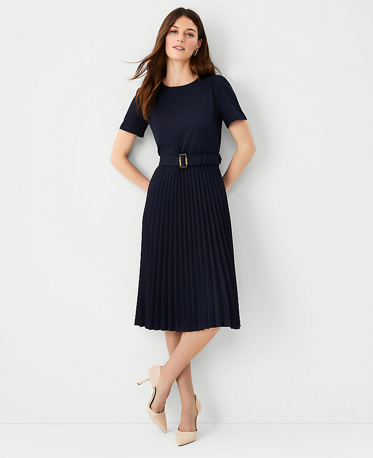 Belted Pleated Flare Dress