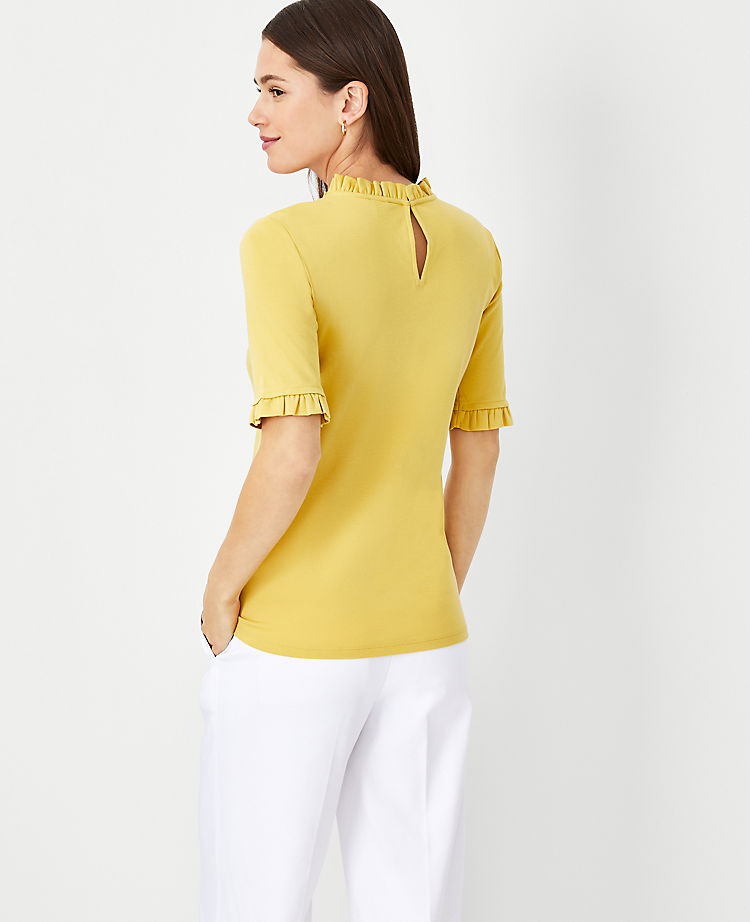 Ruffle Neck Elbow Sleeve Top