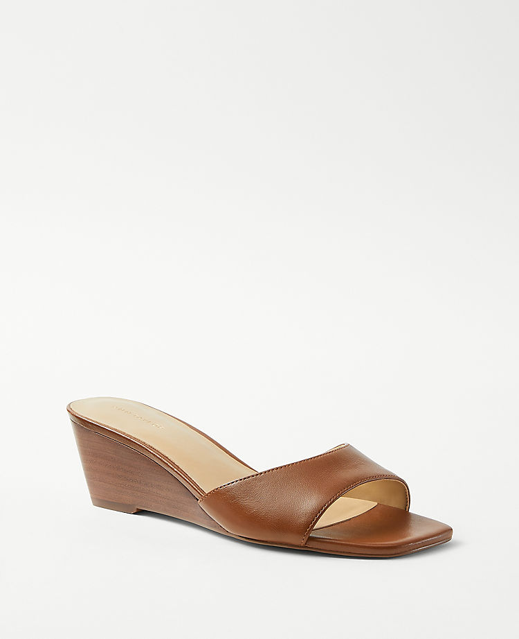 Leather Low Wedge Slide Sandals