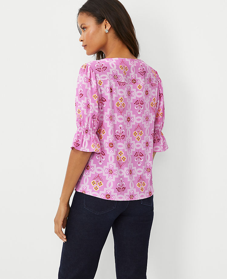 Tile Print Mixed Media Puff Sleeve Ruffle Top