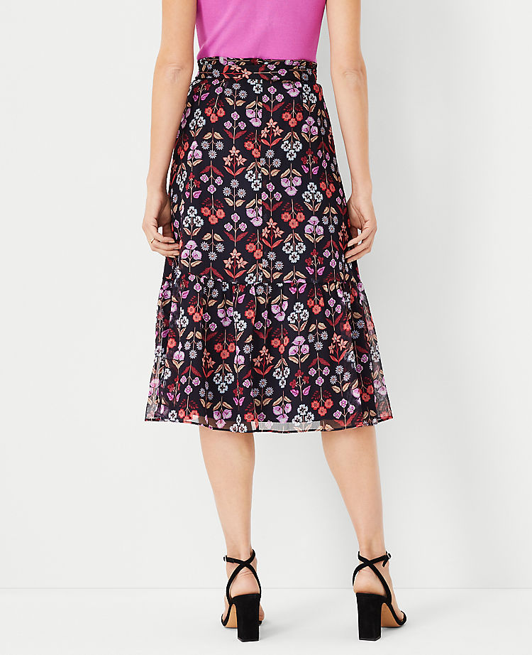 Floral Tie Waist Flounce Midi Skirt