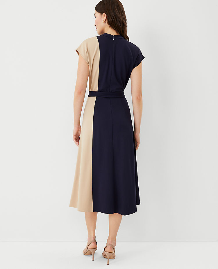 Mock Neck Tie Waist Flare Dress
