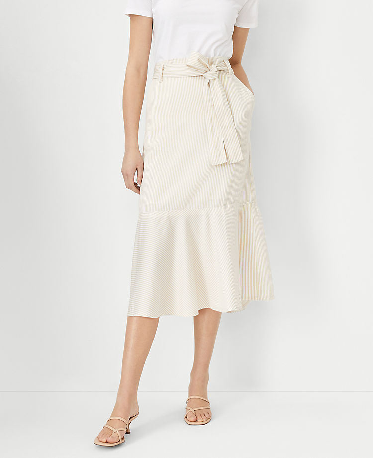 Striped Tie Waist Flounce Midi Skirt
