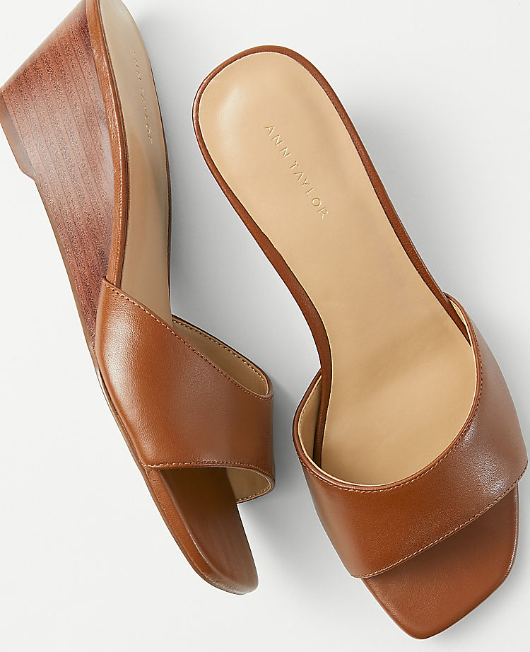 Leather Low Wedge Slide Sandals