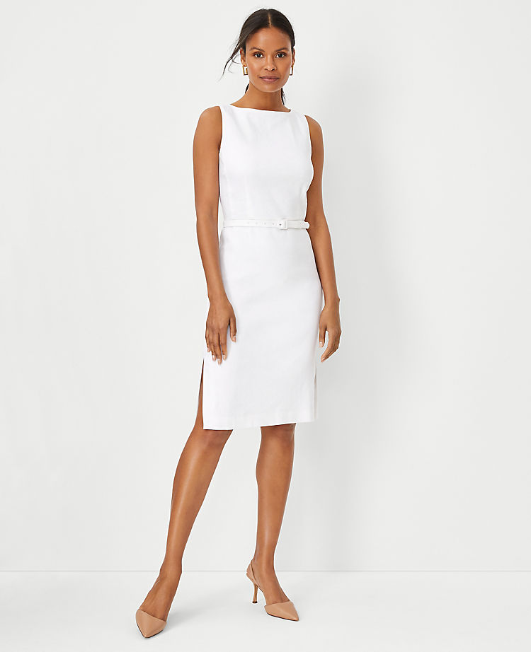 The Belted Boatneck Sheath Dress in HerRingbone Linen Blend