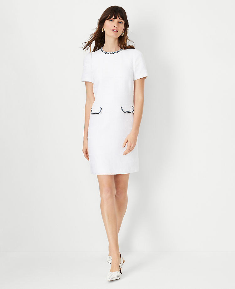 Trimmed Tweed Pocket Shift Dress