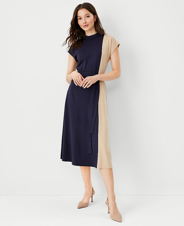 Mock Neck Tie Waist Flare Dress