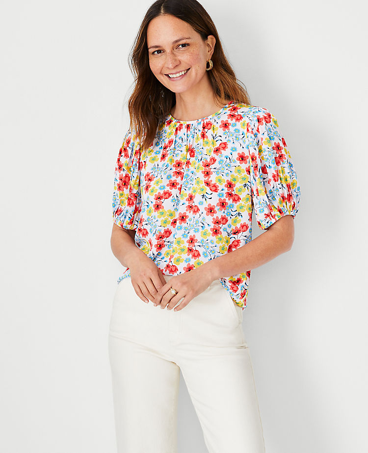 Floral Pleated Elbow Sleeve Mixed Media Top