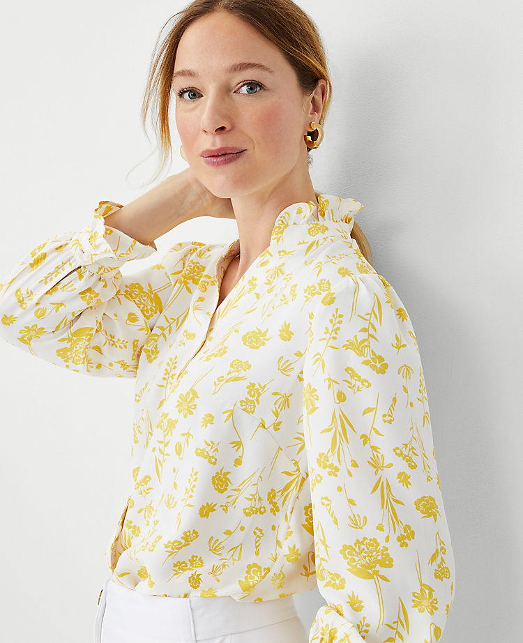 Floral Ruffle Button Top